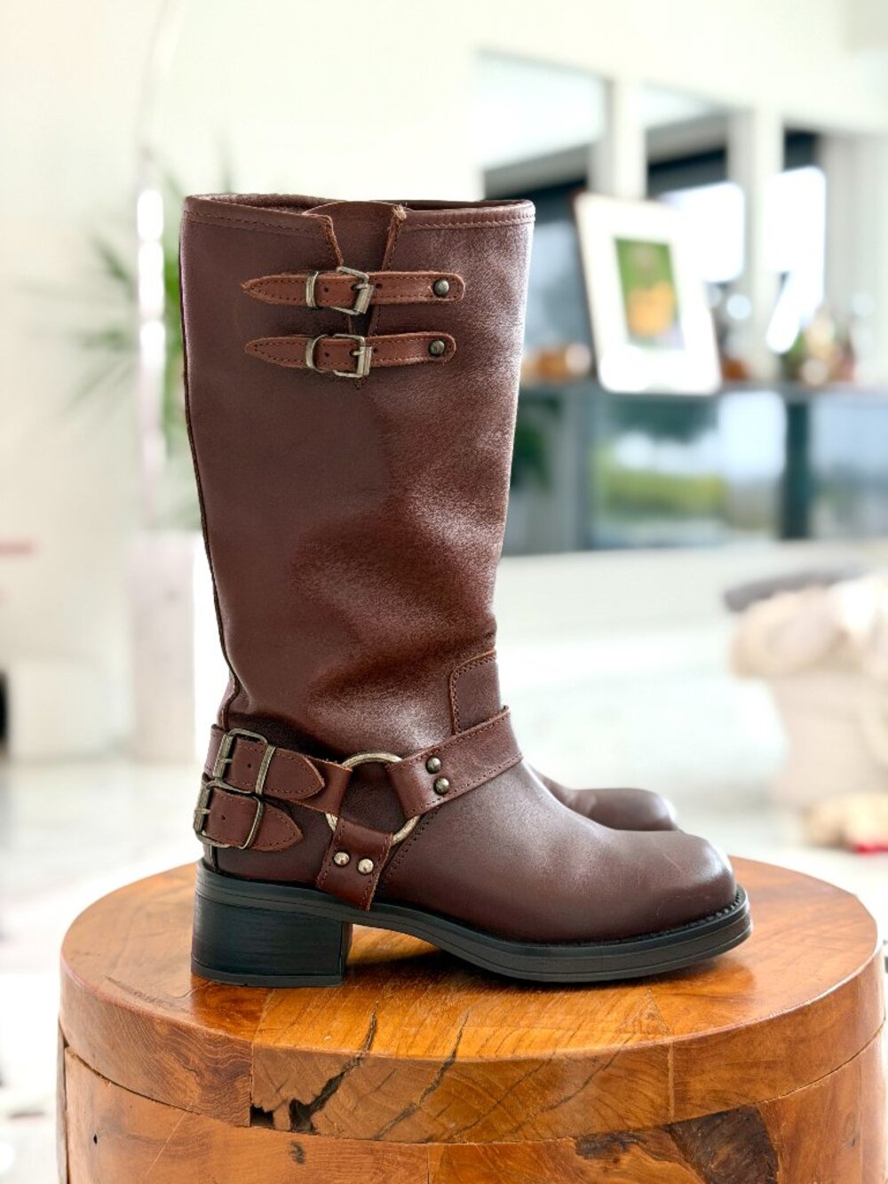 STEVE MADDEN SQUARE TOE ASTOR BROWN LEATHER HARNESS BOOTS SIZE 6